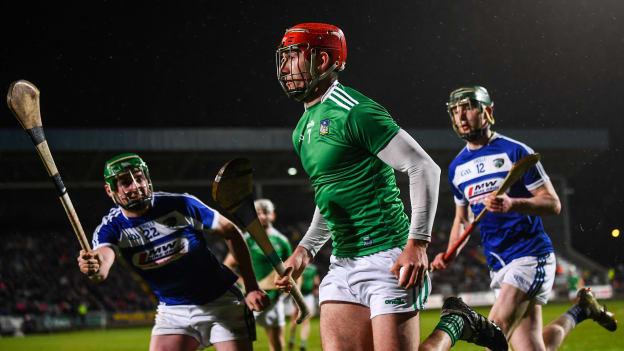 Barry Nash of Limerick in action against John Lennon, left, and Aaron Dunphy of Laois during the Allianz Hurling League Division 1 Quarter-Final match between Laois and Limerick at O'Moore Park in Portlaoise, Laois. 