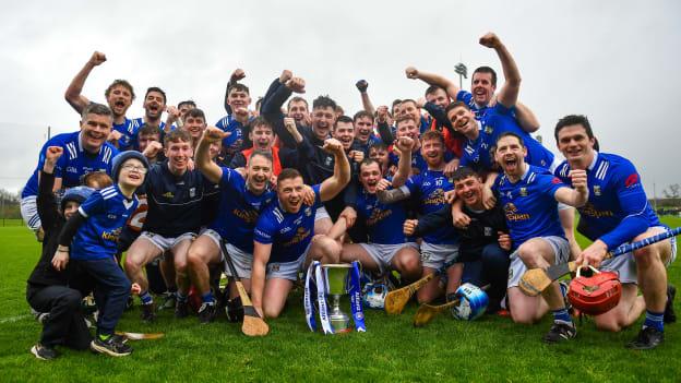 Cavan players celebrate after the Allianz Hurling League Division 3B Final match between Cavan and Leitrim at GAA National Games Development Centre in Sport Ireland Campus in Dublin. Photo by David Fitzgerald/Sportsfile.