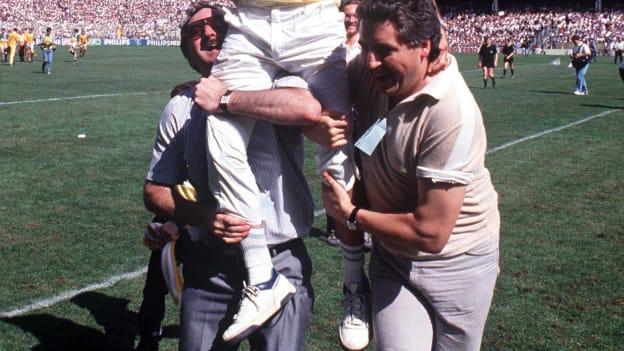 Antrim manager, Jim Nelson, is carried shoulder-high off the pitch after victory over Offaly in the 1989 All-Ireland SHC semi-final. 