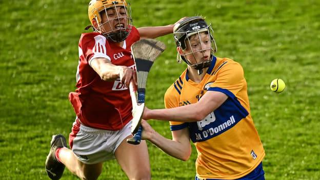 Michael Collins, Clare, and Johnny Murphy, Cork, in action during the Electric Ireland Munster MHC Final at FBD Semple Stadium. Photo by Harry Murphy/Sportsfile