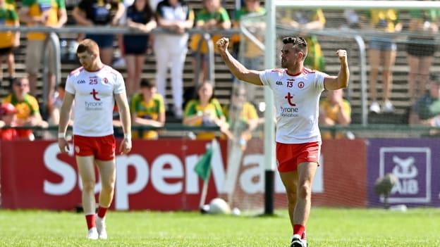 Darren McCurry of Tyrone celebrates after his team's victory in the Ulster GAA Football Senior Championship Semi-Final match between Donegal and Tyrone at Brewster Park in Enniskillen, Fermanagh.