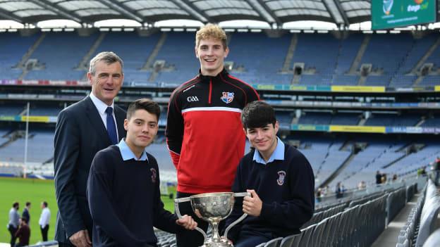 Colm O Rourke, Daniel Flynn, Dylan Keating, and Aaron Lynch pictured ahead of the Top Oil Br Bosco Leinster Schools Senior A Football Championship draw.