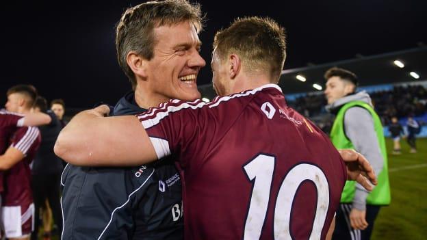 Westmeath manager Jack Cooney celebrates with Ger Egan after victory over Dublin in the 2019 Bord na Móna O'Byrne Cup Final.