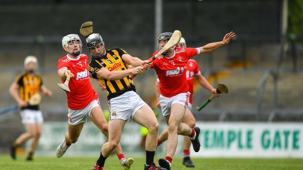 Pierse Lillis of Ballyea in action against Ross Hayes, left, and Gavin O'Brien during the Clare County Senior Hurling Championship Round 1 match between Ballyea and Crusheen at Cusack Park in Ennis, Clare. 