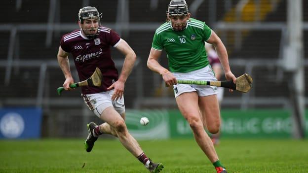Padraic Mannion, Galway, and Gearoid Hegarty, Limerick, in Allianz Hurling League action last February.