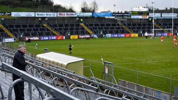 Donegal selector Stephen Rochford stands on an empty terrace during the Ulster GAA Football Senior Championship Semi-Final match between Donegal and Armagh at Kingspan Breffni in Cavan.