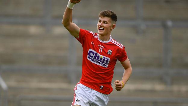 Conor Corbett of Cork celebrates his side's second goal scored by team-mate Patrick Campbell during the Electric Ireland GAA Football All-Ireland Minor Championship Quarter-Final match between Monghan and Cork at Bord Na Mona O'Connor Park in Tullamore, Offaly.