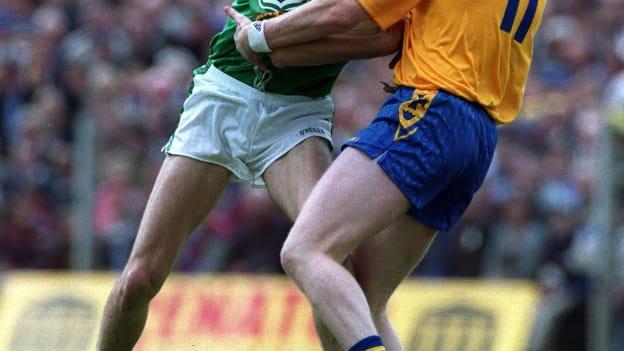 Chris Carroll, Leitrim, and Derek Duggan, Roscommon, collide in the 1999 Connacht Senior Football Championship.