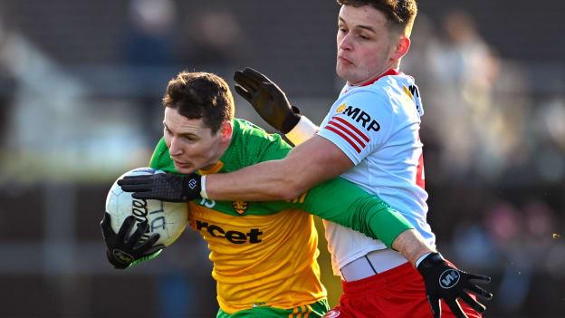 Jamie Brennan, Donegal, and Michael McKernan, Tyrone, in Allianz Football League Division One action at O'Neill's Healy Park. Photo by Ramsey Cardy/Sportsfile