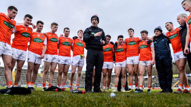 Kieran McGeeney speaks to his players after victory over Cavan in a 2019 Dr. McKenna Cup match. 