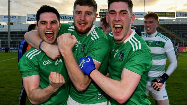 Limerick players Padraig Scanlon, Brian Fanning, and Paul Maher celebrate after the Munster GAA Football Senior Championship quarter-final match between Tipperary and Limerick at Semple Stadium in Thurles, Co. Tipperary.