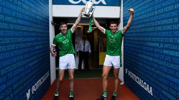 Diarmaid Byrnes, left, and Gearóid Hegarty of Limerick celebrate with the Liam MacCarthy Cup after victory over Galway in the 2018 All-Ireland SHC Final. 