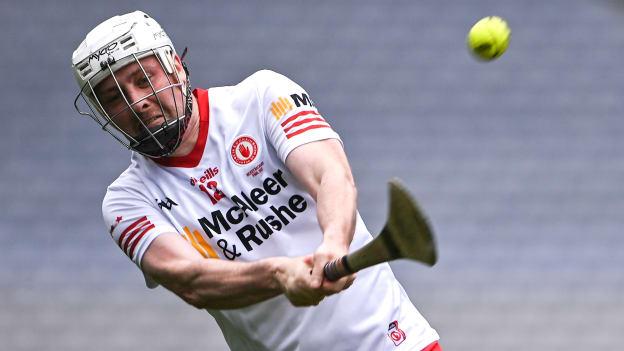 Conor McGourty in action for the Tyrone senior hurlers in the 2022 Nickey Rackard Cup Final against Roscommon. 