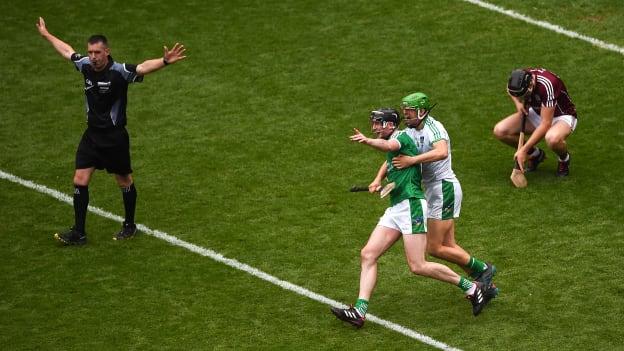 Declan Hannon and Nickie Quaid celebrate after the final whistle blew in the All-Ireland SHC Final against Galway. 