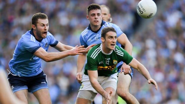 Jack McCaffrey and Brian Howard, Dublin, and Stephen O'Brien, Kerry, in action during the All Ireland SFC Final replay at Croke Park.