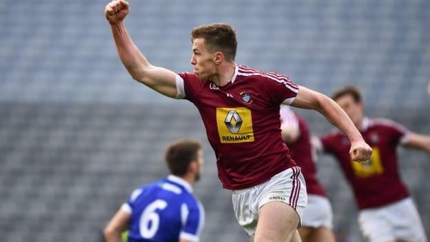 Ger Egan celebrates after scoring the decisive goal in the Allianz Football League Division Three Final.