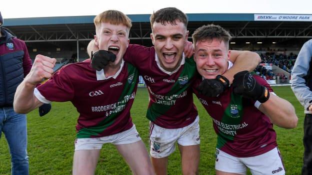 Portarlington's Rioghan Murphy, Ronan Coffey and Jake Foster celebrate at MW Hire O'Moore Park.