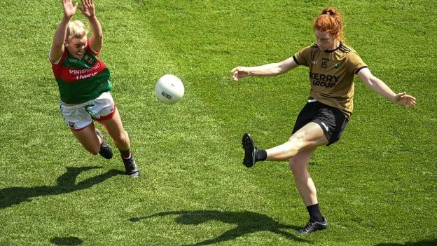 Louise Ní Mhuircheartaigh of Kerry in action against Fiona McHale of Mayo during the TG4 All-Ireland Ladies Football Senior Championship Semi-Final match between Kerry and Mayo at Croke Park in Dublin. 