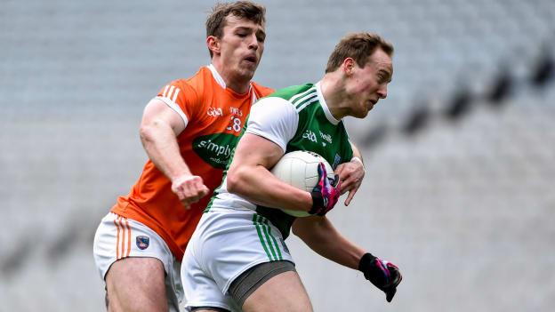 Che Cullen of Fermanagh in action against Ethan Rafferty of Armagh during the 2018 Allianz Football League Division 3 Final match between Armagh and Fermanagh at Croke Park in Dublin. 