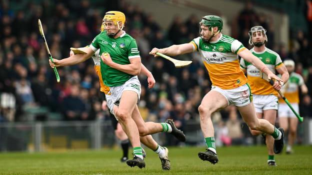 Cathal O’Neill of Limerick in action against Killian Sampson, left, and Eoghan Parlon of Offaly during the Allianz Hurling League Division 1 Group A match between Limerick and Offaly at TUS Gaelic Grounds in Limerick. 