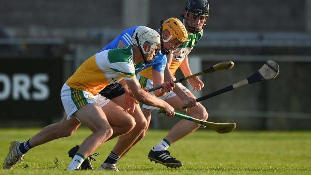 Liam Dunne of Dublin in action against Dara Maher, left, and Padraic Watkins of Offaly during the Leinster GAA Hurling U20 Championship semi-final match between Dublin and Offaly at Parnell Park in Dublin. 