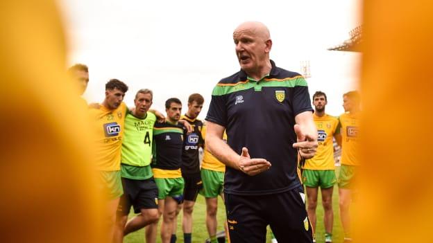 Donegal manager Declan Bonner speaks to his players following the All Ireland SFC Quarter-Final Group Phase loss against Dublin at Croke Park.