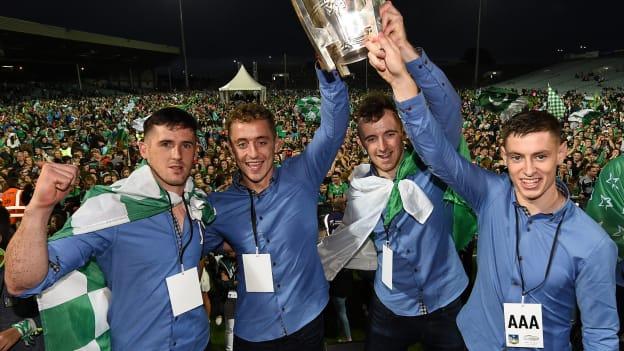 Doon's Darragh O'Donovan, Pat Ryan, Richie English, and Barry Murphy with the Liam MacCarthy Cup at the LIT Gaelic Grounds.