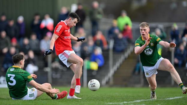 Craig Lennon of Louth scores his side's first goal during the Allianz Football League Division 2 match between Meath and Louth at Páirc Tailteann in Navan, Meath. 