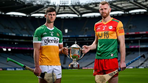 Jason Sampson of Offaly, left, and Paul Doyle of Carlow during the Joe McDonagh Cup Final media event at Croke Park in Dublin. Photo by David Fitzgerald/Sportsfile.