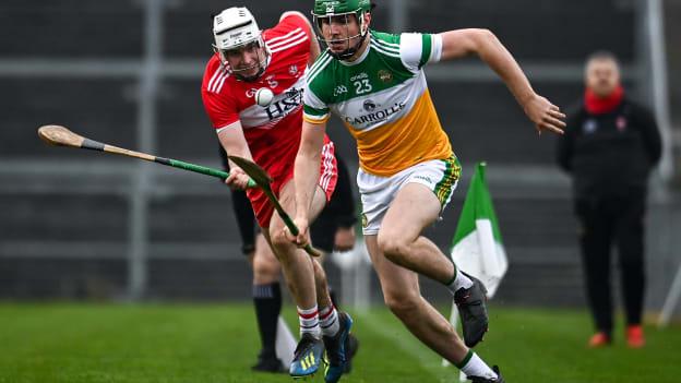 Brian Duignan, Offaly, and Conor Kelly, Derry, in Christy Ring Cup action on Saturday.