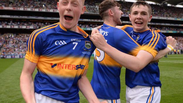 Jerome Cahill, Cian Darcy and Paddy Cadell celebrate after winning the 2016 Electric Ireland GAA Hurling All-Ireland Minor Championship Final in Croke Park. All three are now members of the Tipperary senior panel. 