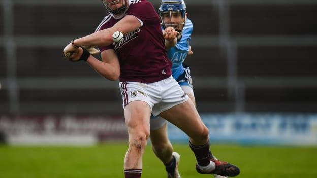 Conor Whelan, Galway, and Sean Moran, Dublin, during the Allianz Hurling League Division 1B clash at Pearse Stadium in February.