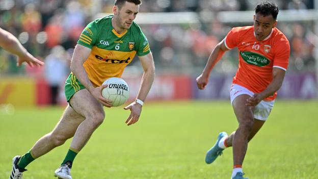 Eoghan Bán Gallagher, Donegal, and Jemar Hall, Armagh, in Ulster Senior Football Championship action.