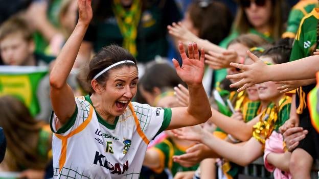 Niamh O'Sullivan of Meath reacts after seeing a family member in the crowd after the TG4 All-Ireland Ladies Football Senior Championship Final match between Kerry and Meath at Croke Park in Dublin. 