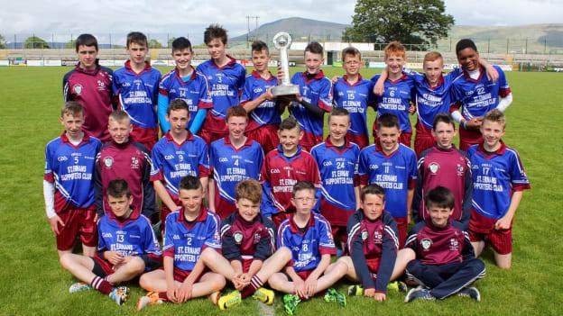 The St. Ernan's team that won the 2015 Féile na nGael Division One hurling title. (Josh Coll back row, on the right of the two players holding the trophy). 