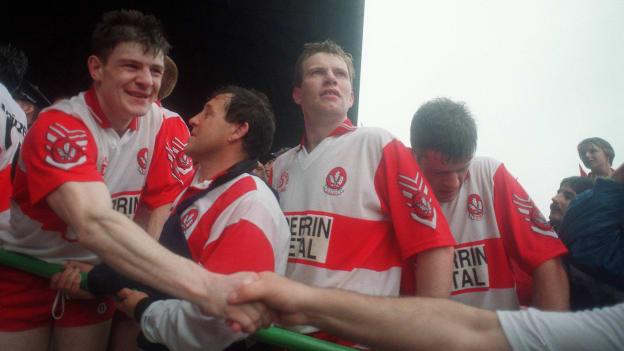 Enda Gormley, Eamonn Coleman, Tony Scullion, and Anthony Tohill following the 1993 All Ireland SFC Final at Croke Park.