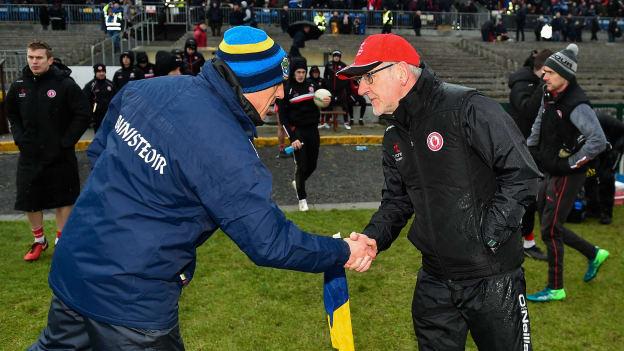 Anthony Cunningham and Mickey Harte shake hands following an Allianz Football League Division One draw in February.