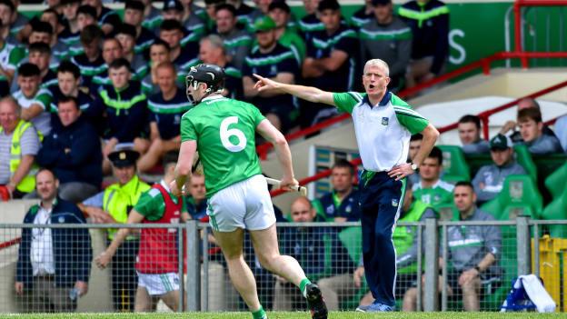 Limerick manager John Kiely issues Declan Hannon with instructions during the 2019 Munster SHC Final victory over Tipperary at the LIT Gaelic Grounds.