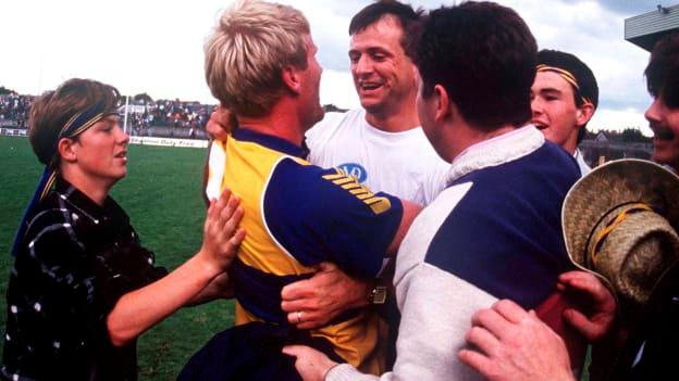 Clare manager John Maughan celebrates with Frankie Griffin following their victory over Kerry in the 1992 Munster Senior Football Championship Final.