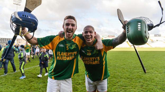 Sean Dowling and Adrian Royle, celebrating after Kilmoyley defeated Monaleen in the Munster Intermediate Hurling Championship Semi-Final.