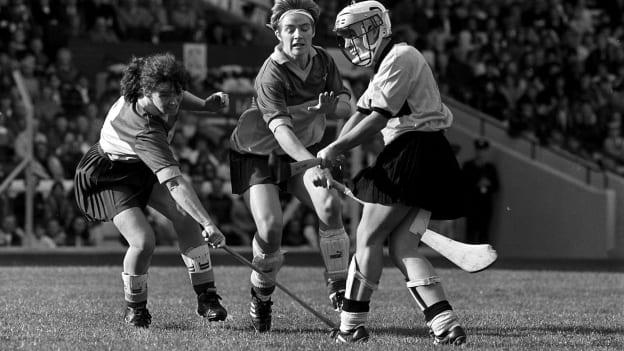 Angela Downey (right) in action for Kilkenny against Wexford in the 1990 All-Ireland Camogie Final. 