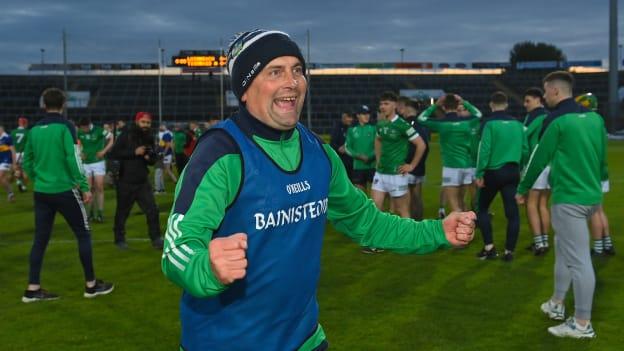 Limerick manager Diarmuid Mullins celebrates after his side's victory in the oneills.com Munster GAA Hurling U20 Championship Final match between Limerick and Tipperary at TUS Gaelic Grounds in Limerick. 