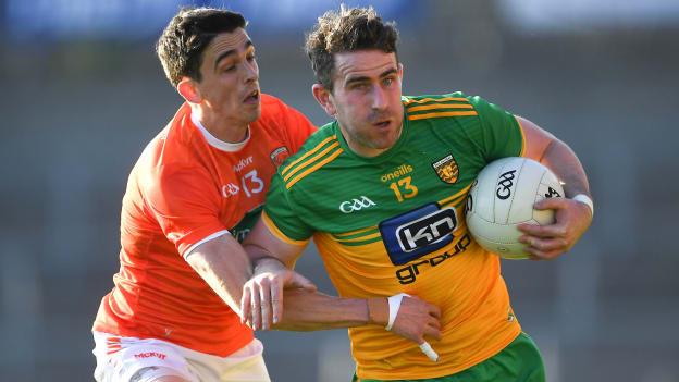 Paddy McBrearty, Donegal, and Rory Grugan, Armagh, in Allianz Football League action at the Athletic Grounds.