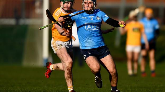 Andrew Dunphy, Dublin, in Allianz Hurling League action against Conal Cunning, Antrim, at Corrigan Park.