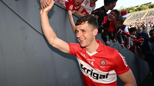 Derry's Shane McGuigan celebrates following the Ulster SFC Final win over Armagh. Photo by Ramsey Cardy/Sportsfile