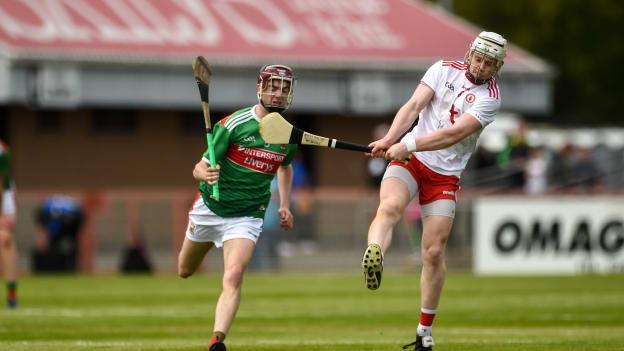 Sean Donaghy, Tyrone, and Sean Kenny, Mayo, in Nicky Rackard Cup action.