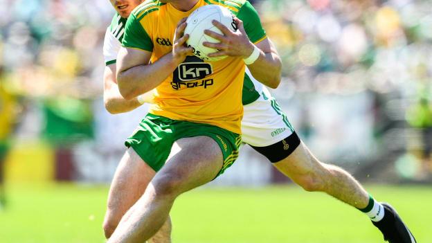 Patrick McBrearty of Donegal in action against Michael Jones of Fermanagh 2018 Ulster SFC Final. 