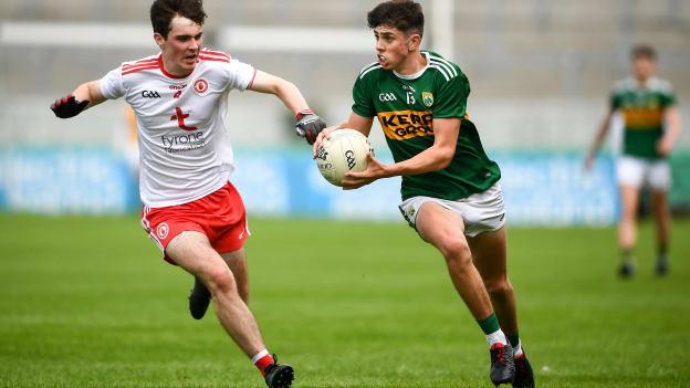 Dylan Geaney of Kerry in action against Séamus Sweeney of Tyrone during the Electric Ireland GAA Football All-Ireland Minor Championship Quarter-Final match between Kerry and Tyrone at Bord Na Mona O'Connor Park in Tullamore, Offaly. 