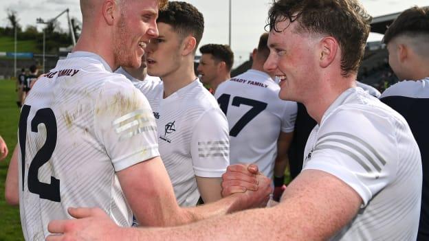 James McGrath, right, and Shane Farrell of Kildare after their side's victory in the EirGrid GAA Football All-Ireland U20 Championship Semi-Final match between Sligo and Kildare at Kingspan Breffni in Cavan. 