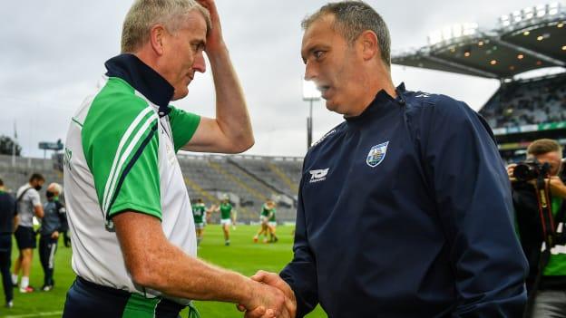 Limerick manager John Kiely and Waterford boss Liam Cahill following the 2021 All Ireland SHC semi-final at Croke Park.